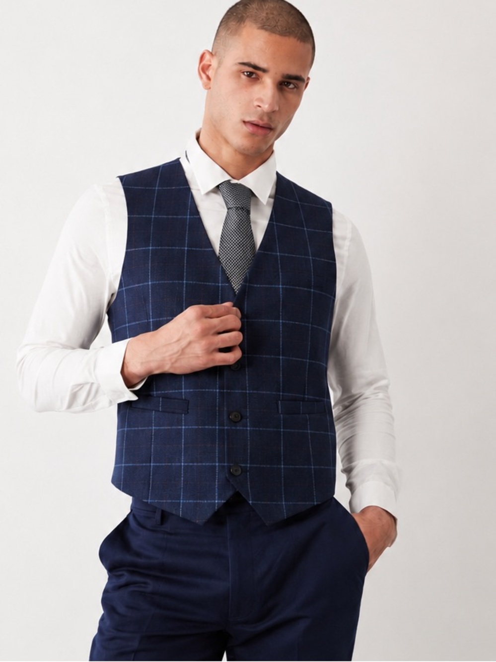 NWT ASOS Navy Checked Suit Vest Windowpane Pattern Mens Preppy Twill Slim Fit